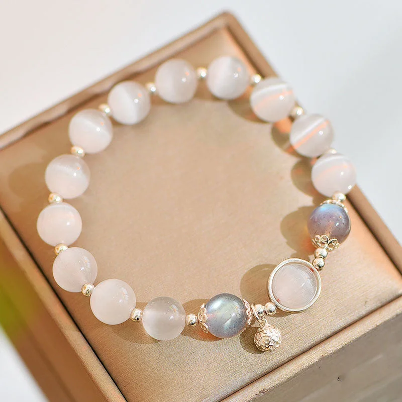 Sparkling Gold Bangles for Women-Buddha Stones 925 Sterling Silver Cat Eye Moonstone Love Support Bracelet