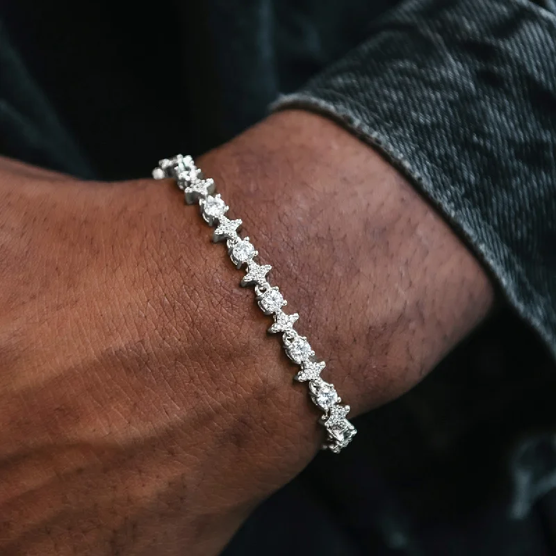 Gold-Plated Bracelets for Men-Round Stone Star Tennis Bracelet in White Gold