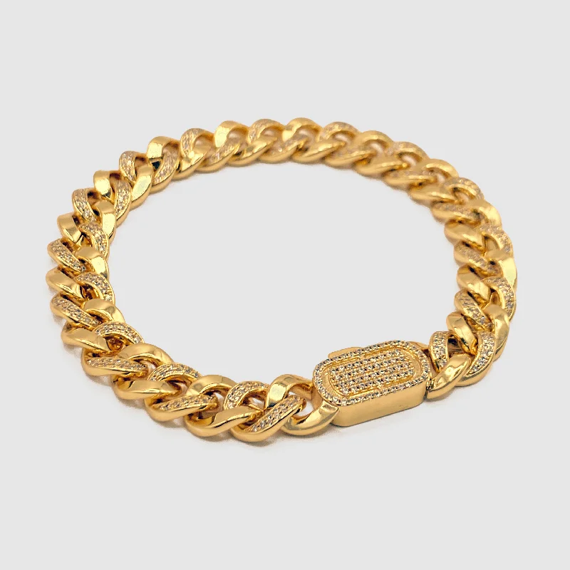 Metal and Leather Bracelets for Men-Half Iced Cuban Bracelet (Gold) 8mm