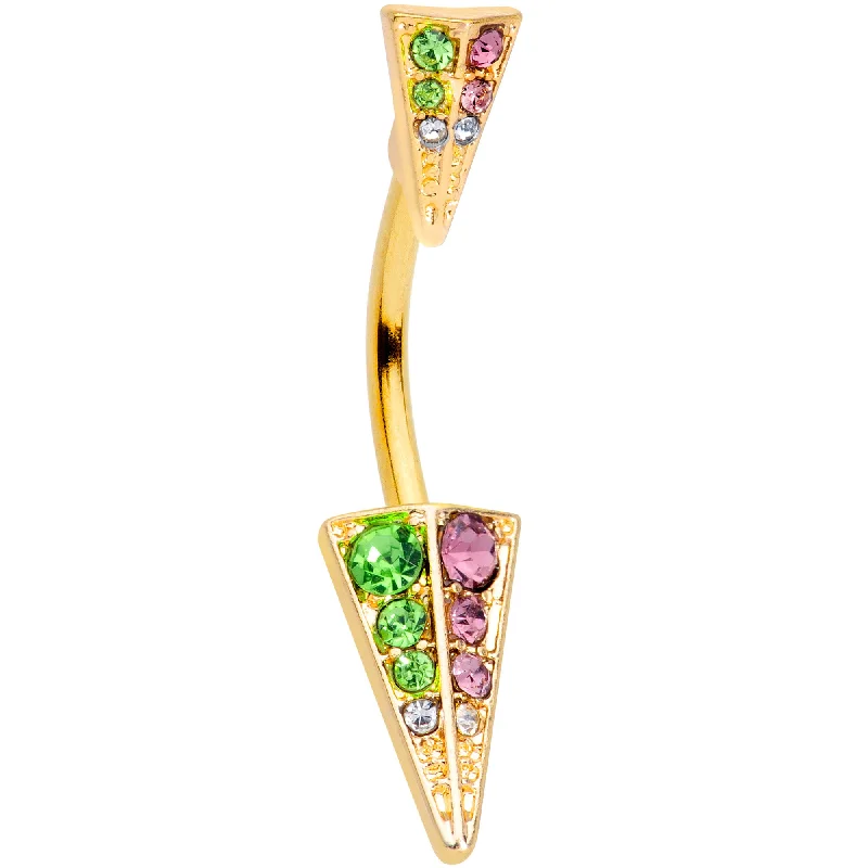 Fashionable Belly Rings for Exclusive Looks -Pink Green Gem Gold Tone Triangle Double Mount Belly Ring Fashionable Belly Rings for Exclusive Looks -Pink Green Gem Gold Tone Triangle Double Mount Belly Ring