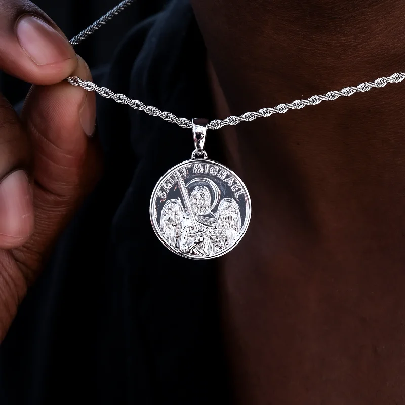 Exclusive Men's Necklaces & Pendants for the Modern Gentleman-Saint Michael Coin Pendant in White Gold Exclusive Men's Necklaces & Pendants for the Modern Gentleman-Saint Michael Coin Pendant in White Gold
