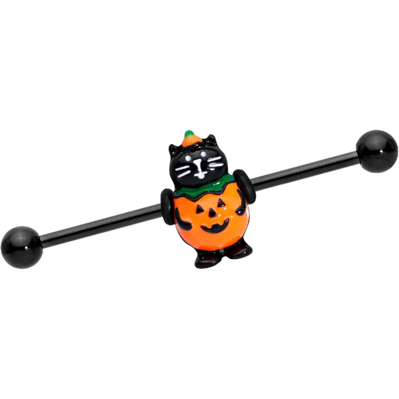 Women's Earrings – Elegant Designs for Every Personality--14 Gauge Black Cat Pumpkin Halloween Industrial Barbell 38mm
