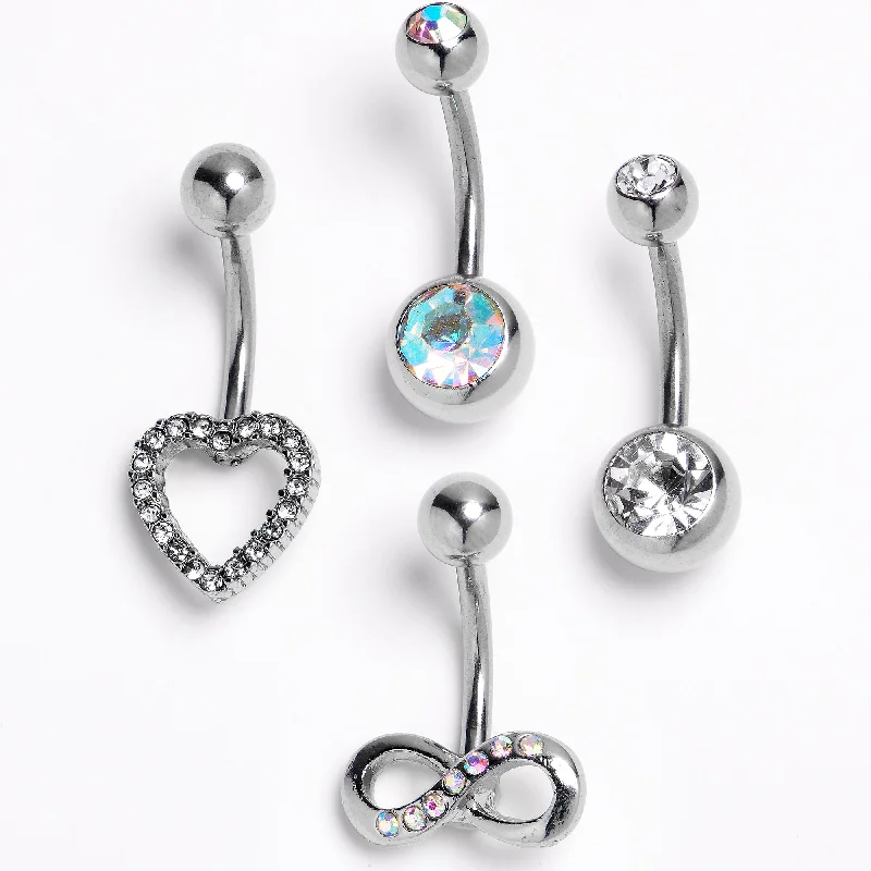 Comfortable Belly Rings with Creative Design -Clear Aurora Gem Heart Infinity Belly Ring Set of 4 Comfortable Belly Rings with Creative Design -Clear Aurora Gem Heart Infinity Belly Ring Set of 4
