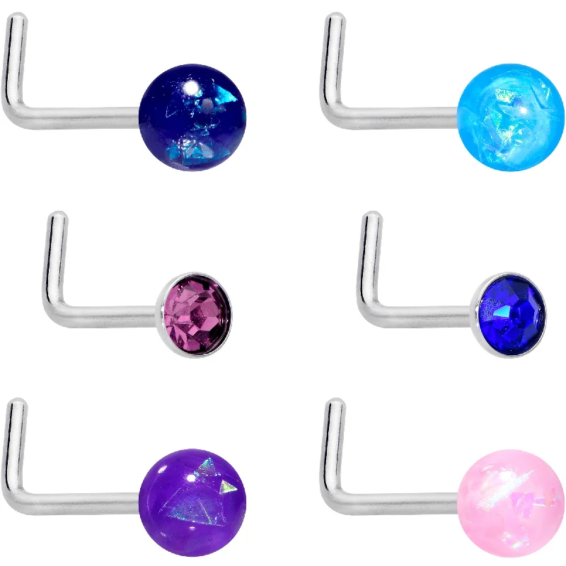 Artistic Nose Rings -20 Gauge 1/4 Purple Gem Blue Pink Faux Opal Pack L Shape Nose Ring Set of 6 Artistic Nose Rings -20 Gauge 1/4 Purple Gem Blue Pink Faux Opal Pack L Shape Nose Ring Set of 6