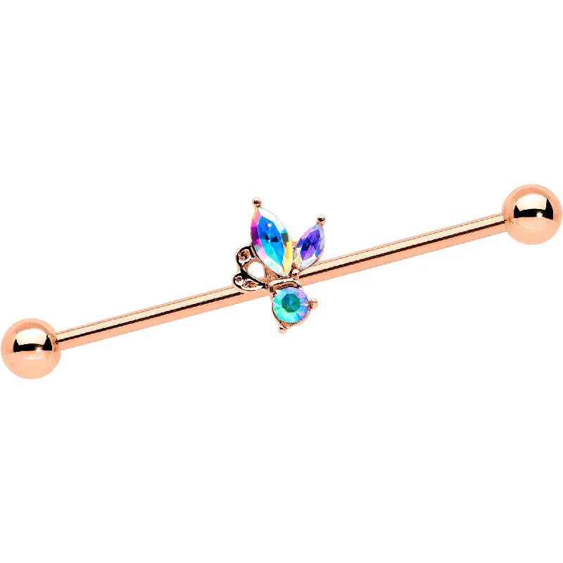 Women's Earrings – Elegant Designs for Every Personality--14 Gauge Aurora CZ Gem Rosy Tone Fleur de Lis Butterfly Industrial Barbell 38mm
