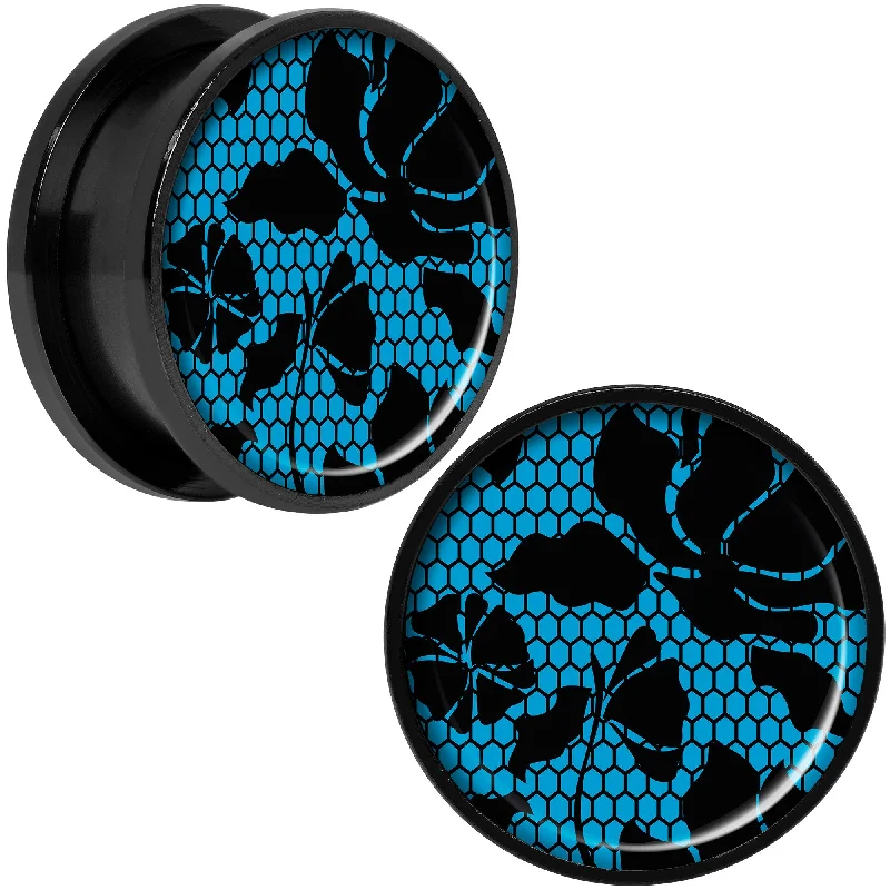 Women's Earrings – Elegant Designs for Every Personality--Blue Floral Lace Black Anodized Screw Fit Plug Set 20mm Women's Earrings – Elegant Designs for Every Personality--Blue Floral Lace Black Anodized Screw Fit Plug Set 20mm