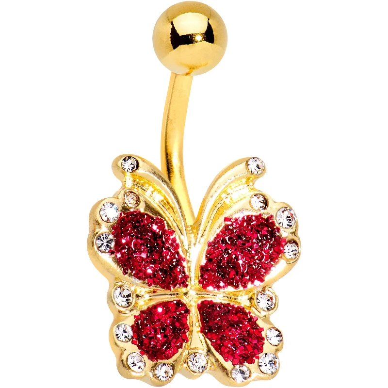 Belly Rings with Dazzling Diamonds -Clear Gem Gold Tone Anodized Red Sparkle Butterfly Belly Ring Belly Rings with Dazzling Diamonds -Clear Gem Gold Tone Anodized Red Sparkle Butterfly Belly Ring