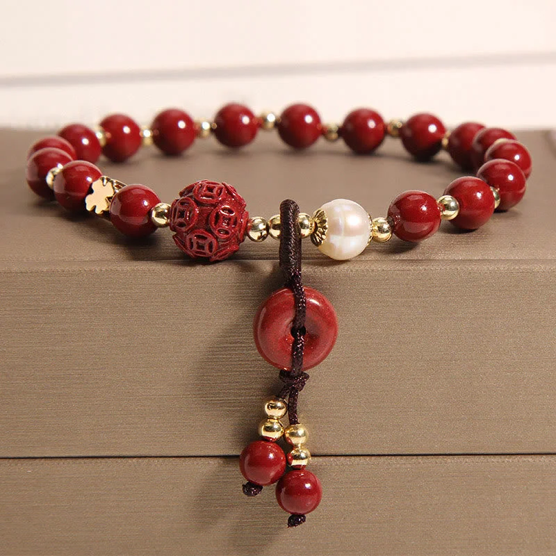 Gold and Silver Bangles for Women-Buddha Stones Natural Cinnabar Peace Buckle Copper Coin Charm Blessing Bracelet Gold and Silver Bangles for Women-Buddha Stones Natural Cinnabar Peace Buckle Copper Coin Charm Blessing Bracelet