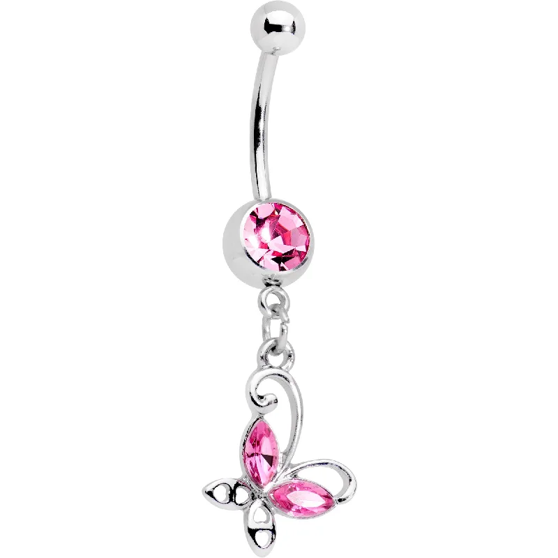 Stylish Belly Rings for Glamorous Appeal -Pink Gem Fancy Free Butterfly Dangle Belly Ring Stylish Belly Rings for Glamorous Appeal -Pink Gem Fancy Free Butterfly Dangle Belly Ring