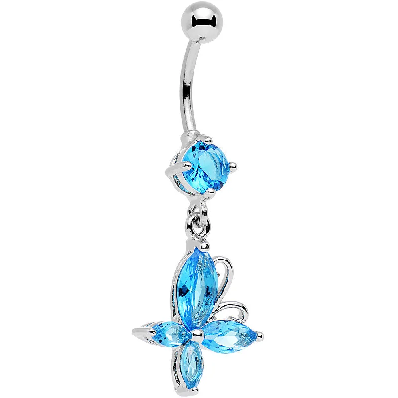 Designer Belly Rings with Modern Touch -Aqua Gem Butterfly Prong Set Dangle Belly Ring Designer Belly Rings with Modern Touch -Aqua Gem Butterfly Prong Set Dangle Belly Ring
