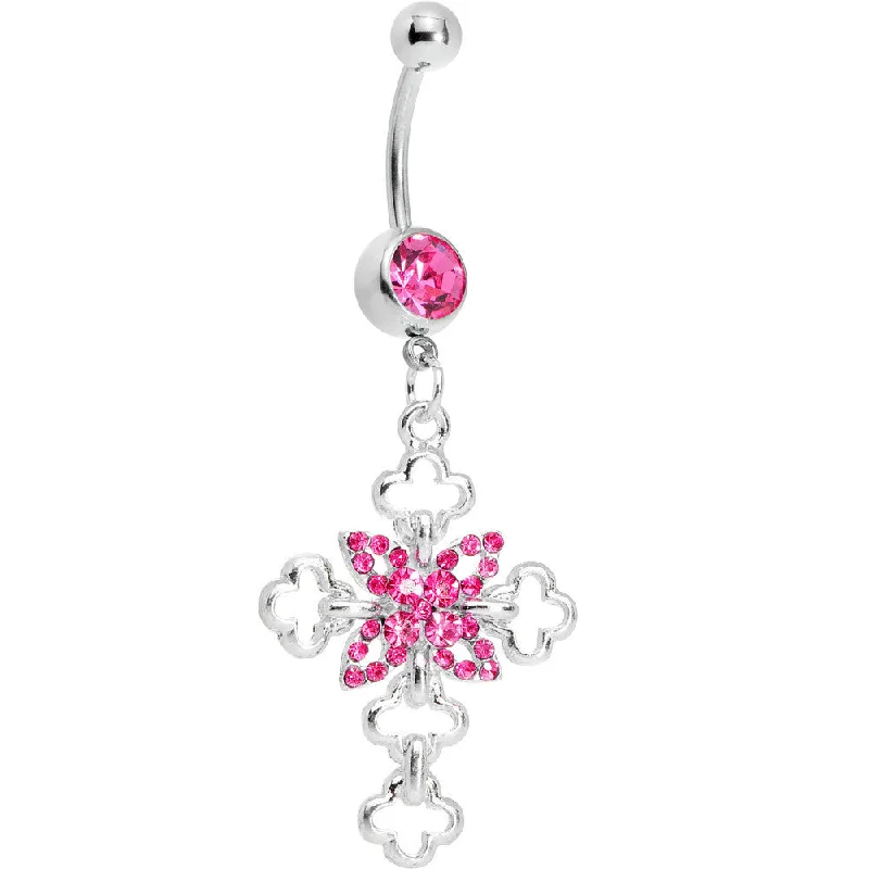 Beautiful Belly Rings with Gorgeous Shine -Embellished Pink Gem Cross Belly Ring