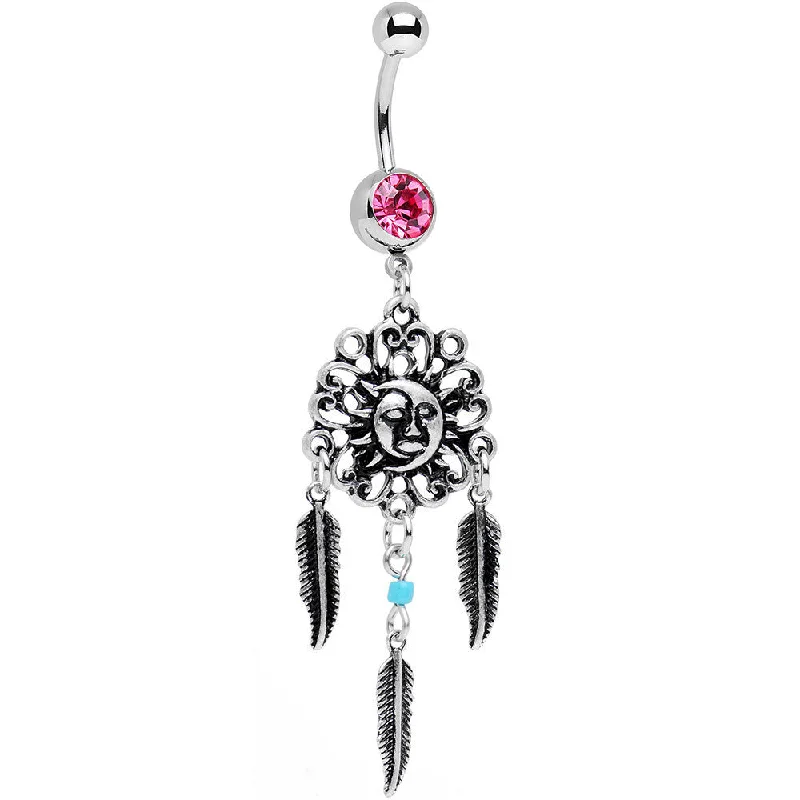 Stunning Belly Rings for Extra Style -Pink Gem Sun and Moon Feather Celestial Daydream Dangle Belly Ring Stunning Belly Rings for Extra Style -Pink Gem Sun and Moon Feather Celestial Daydream Dangle Belly Ring
