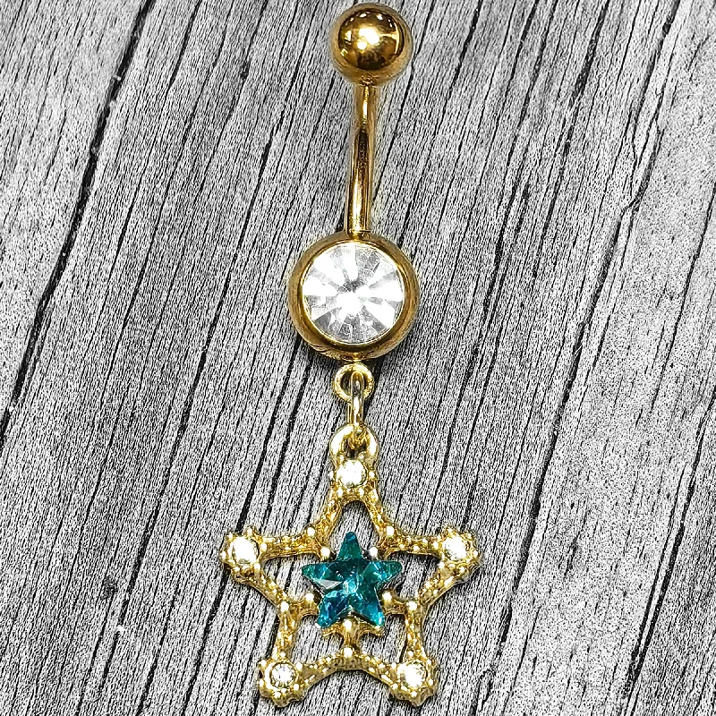 Stunning Belly Rings for Bold Fashion -Clear Blue Gem Gold Tone Starry Glam Dangle Belly Ring Stunning Belly Rings for Bold Fashion -Clear Blue Gem Gold Tone Starry Glam Dangle Belly Ring