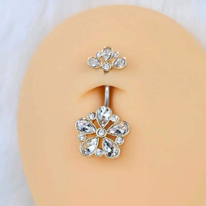 Classic Belly Rings for Subtle Style -Clear Gem Filigree Flower Fantasy Double Mount Belly Ring Classic Belly Rings for Subtle Style -Clear Gem Filigree Flower Fantasy Double Mount Belly Ring