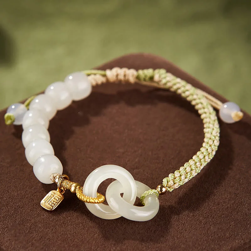 Large Cuff Bangles for Women-Buddha Stones Natural Hetian Jade Bead Double Peace Buckle Fu Character Abundance Braided Bracelet Large Cuff Bangles for Women-Buddha Stones Natural Hetian Jade Bead Double Peace Buckle Fu Character Abundance Braided Bracelet
