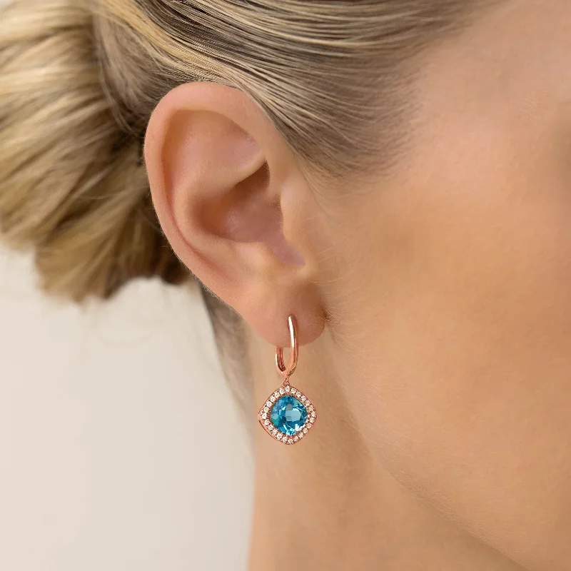 Women's Earrings – Elegant Designs for Every Personality--Swiss Blue Topaz and Diamond Halo Drop Earrings Rose Gold - Elvira