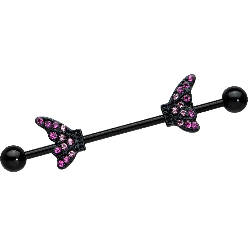 Women's Earrings – Elegant Designs for Every Personality--14 Gauge Pink Gem Black Moveable Wing Butterfly Industrial Barbell 38mm