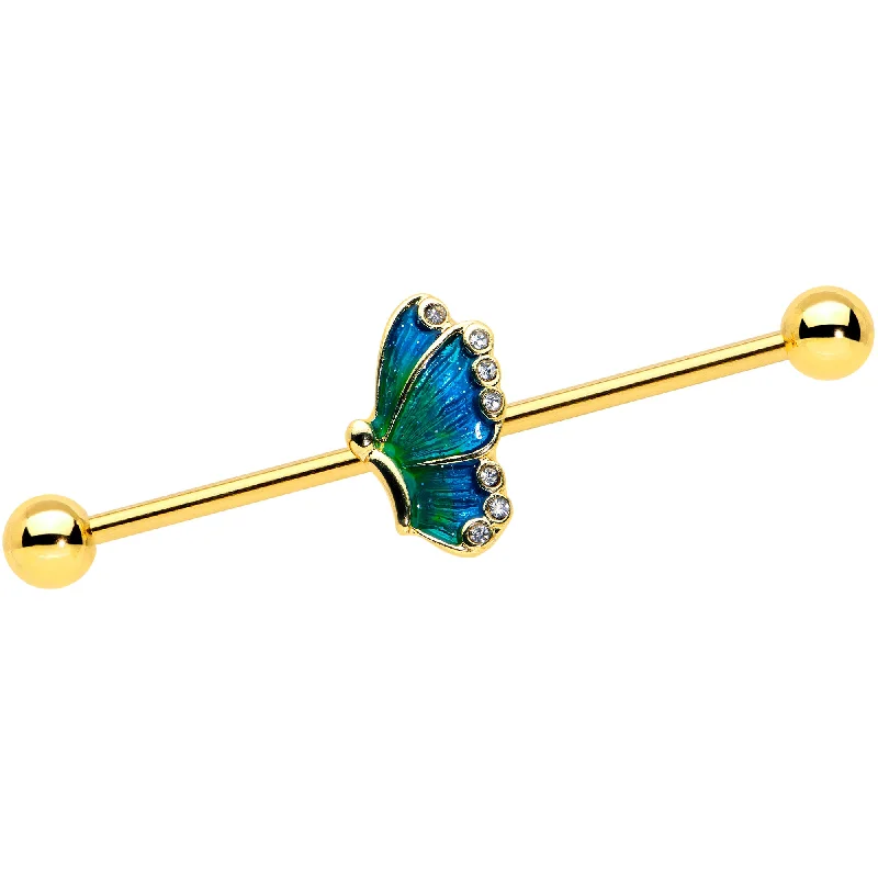 Women's Earrings – Elegant Designs for Every Personality--14 Gauge Gold Tone Ombre Blue Butterfly Industrial Barbell 38mm