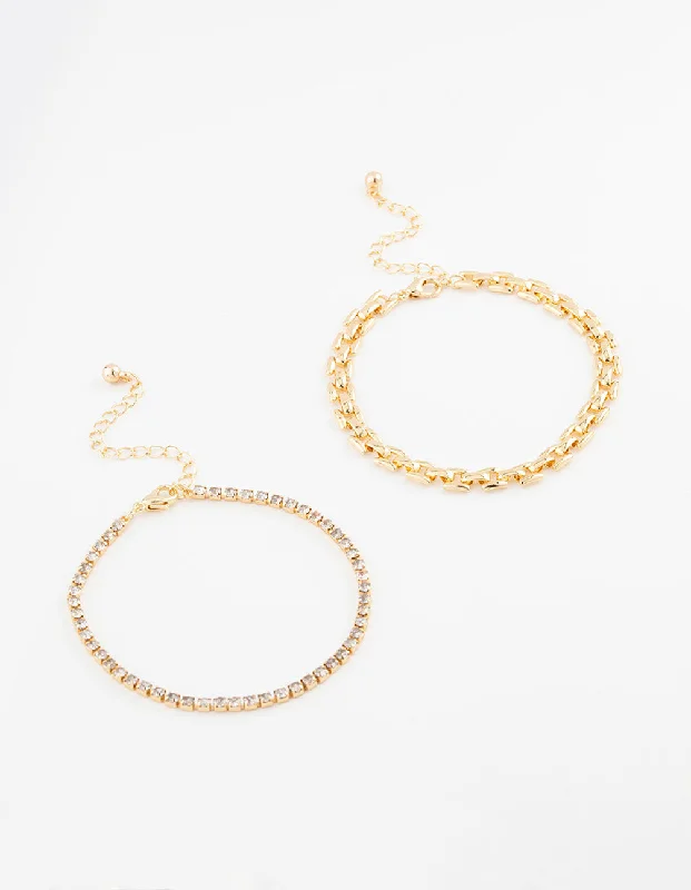 Set of Simple Gold Bangles for Women-Gold Plated Link Chain & Tennis Bracelet Pack