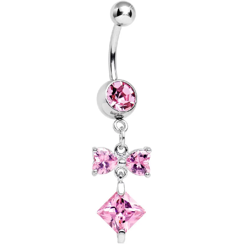 Stunning Belly Rings for Trendy Looks -Pink Cubic Zirconia Bow Tie Square Charm Dangle Belly Ring Stunning Belly Rings for Trendy Looks -Pink Cubic Zirconia Bow Tie Square Charm Dangle Belly Ring