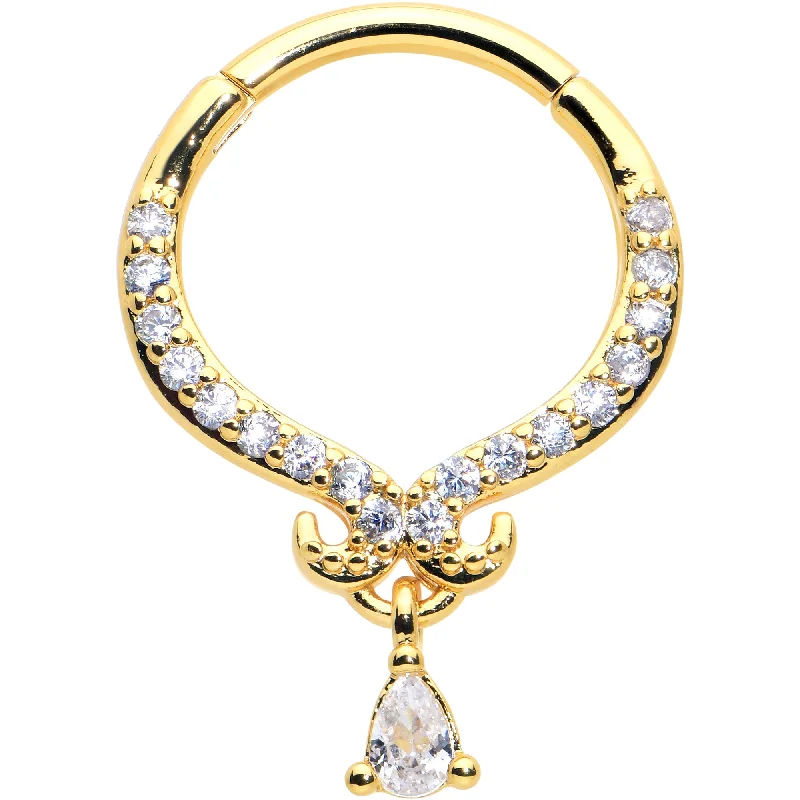 Women's Earrings – Elegant Designs for Every Personality--16 Gauge 3/8 Clear CZ Gem Gold Hue Elegant Curves Dangle Hinged Segment Ring Women's Earrings – Elegant Designs for Every Personality--16 Gauge 3/8 Clear CZ Gem Gold Hue Elegant Curves Dangle Hinged Segment Ring