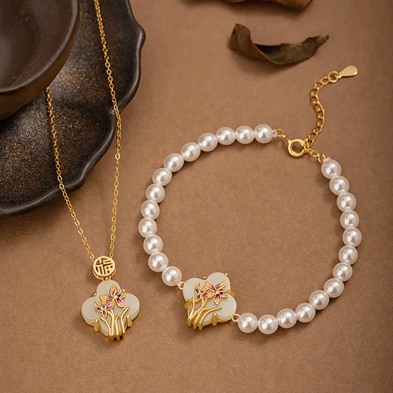 Shop Classic Women's Necklaces & Pendants with a Modern Twist-Buddha Stones 925 Sterling Silver Hetian Jade Orchid Four Leaf Clover Fu Character Pearl Luck Necklace Pendant Bracelet Set Shop Classic Women's Necklaces & Pendants with a Modern Twist-Buddha Stones 925 Sterling Silver Hetian Jade Orchid Four Leaf Clover Fu Character Pearl Luck Necklace Pendant Bracelet Set