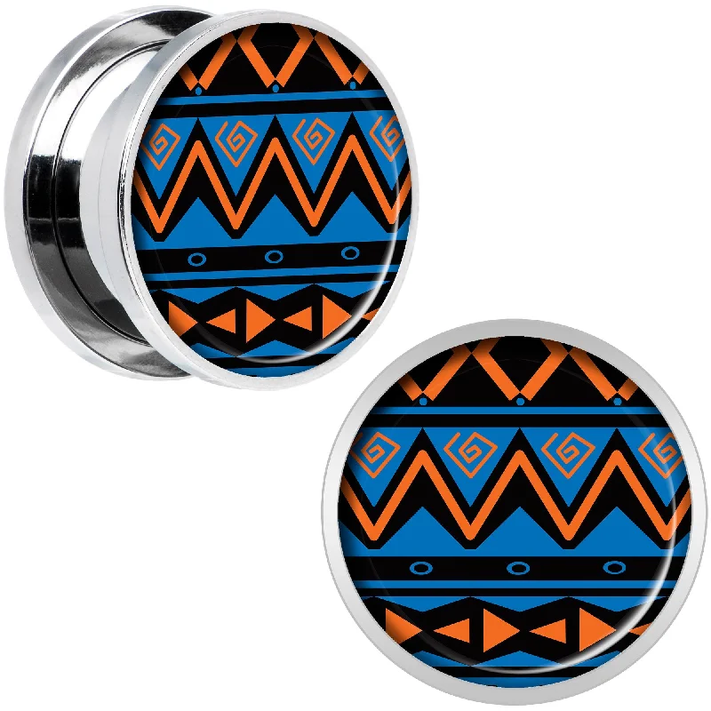Women's Earrings – Elegant Designs for Every Personality--Blue Orange Tribal Print Steel Screw Fit Plug Set 5/8