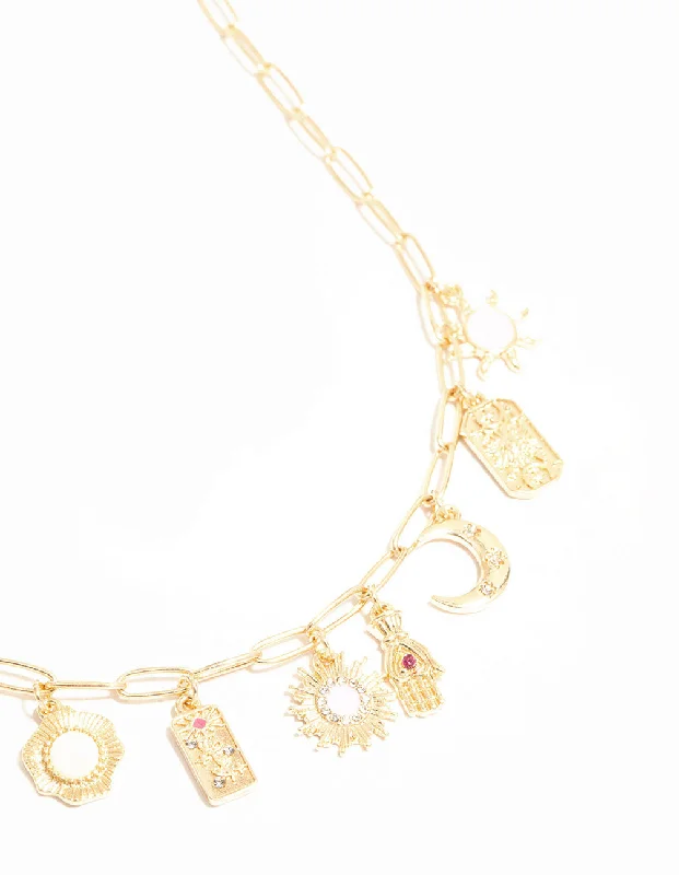 Shop Classic Women's Necklaces & Pendants with a Modern Twist-Gold Celestial Themed Charm Necklace Shop Classic Women's Necklaces & Pendants with a Modern Twist-Gold Celestial Themed Charm Necklace