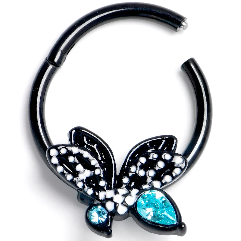 Large Nose Rings -16 Gauge 3/8 Blue CZ Gem Black Night Drama Butterfly Hinged Segment Ring Large Nose Rings -16 Gauge 3/8 Blue CZ Gem Black Night Drama Butterfly Hinged Segment Ring