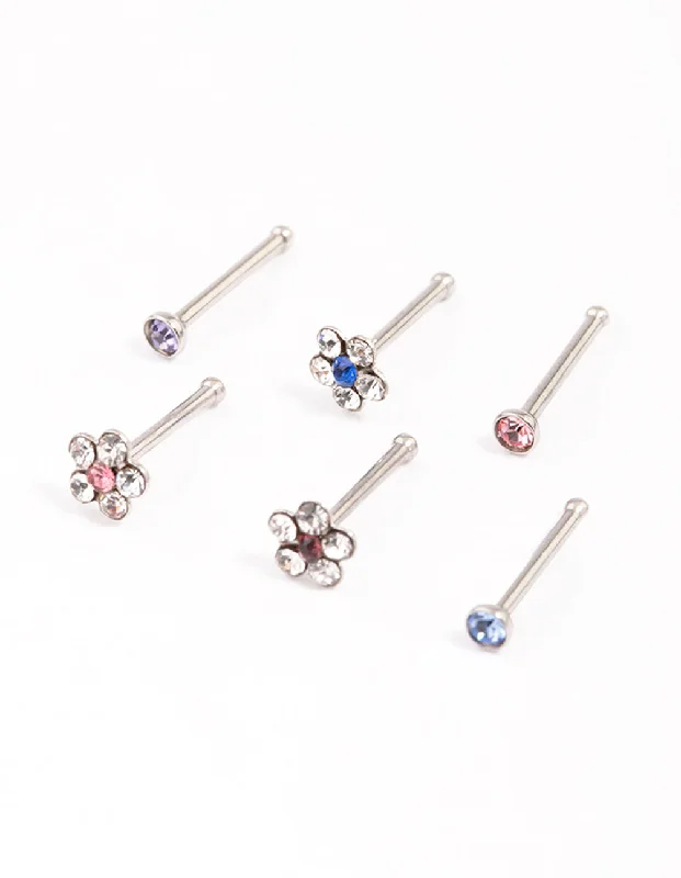 Simple and Stylish Nose Rings for Fashion -Surgical Steel Cubic Zirconia Triangle Floral Nose Ring 6-Pack Simple and Stylish Nose Rings for Fashion -Surgical Steel Cubic Zirconia Triangle Floral Nose Ring 6-Pack
