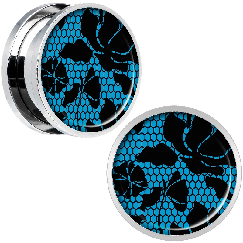 Women's Earrings – Elegant Designs for Every Personality--Blue Floral Lace Steel Screw Fit Plug Set 18mm