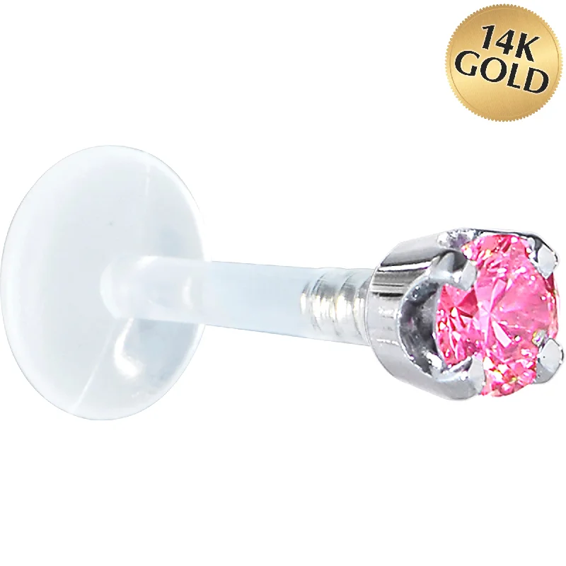 Women's Earrings – Elegant Designs for Every Personality--16 Gauge 5/16 Solid 14KT White Gold 3mm Pink Cubic Zirconia Bioplast Tragus Earring Stud