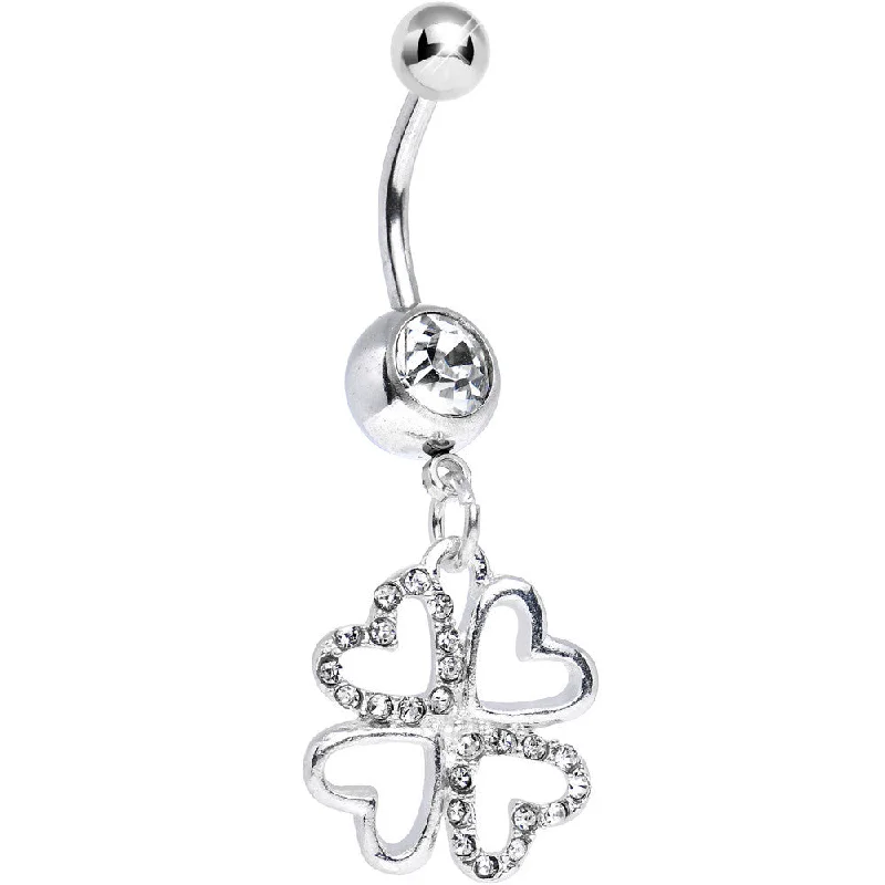 Comfortable Belly Rings with Unique Detailing -Clear Gem Lucky in Love Clover Dangle Belly Ring Comfortable Belly Rings with Unique Detailing -Clear Gem Lucky in Love Clover Dangle Belly Ring