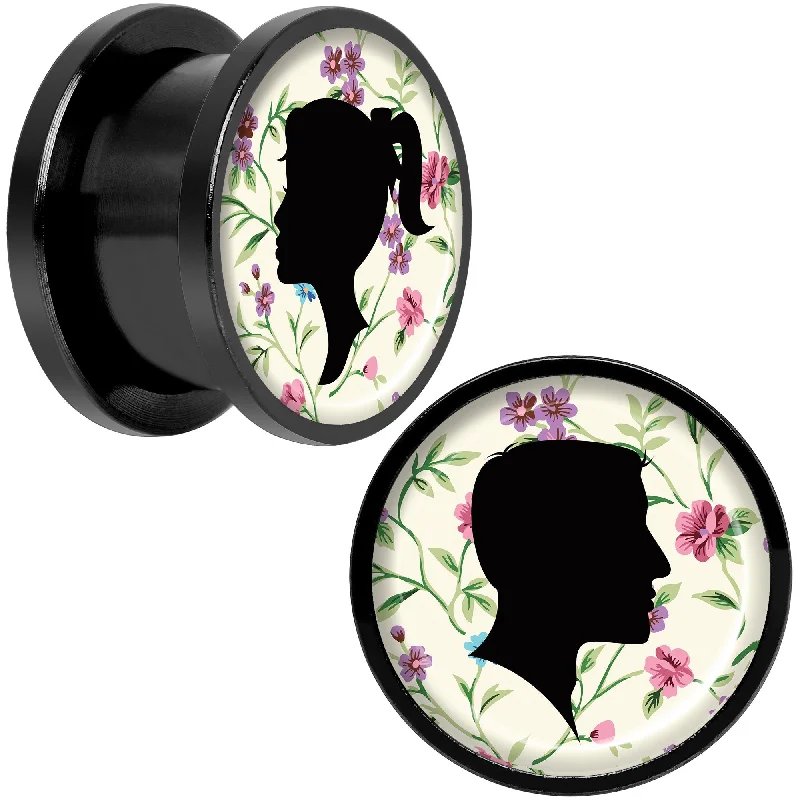 Women's Earrings – Elegant Designs for Every Personality--Man Woman Floral Silhouette Black Anodized Screw Fit Plug Set 9/16 Women's Earrings – Elegant Designs for Every Personality--Man Woman Floral Silhouette Black Anodized Screw Fit Plug Set 9/16