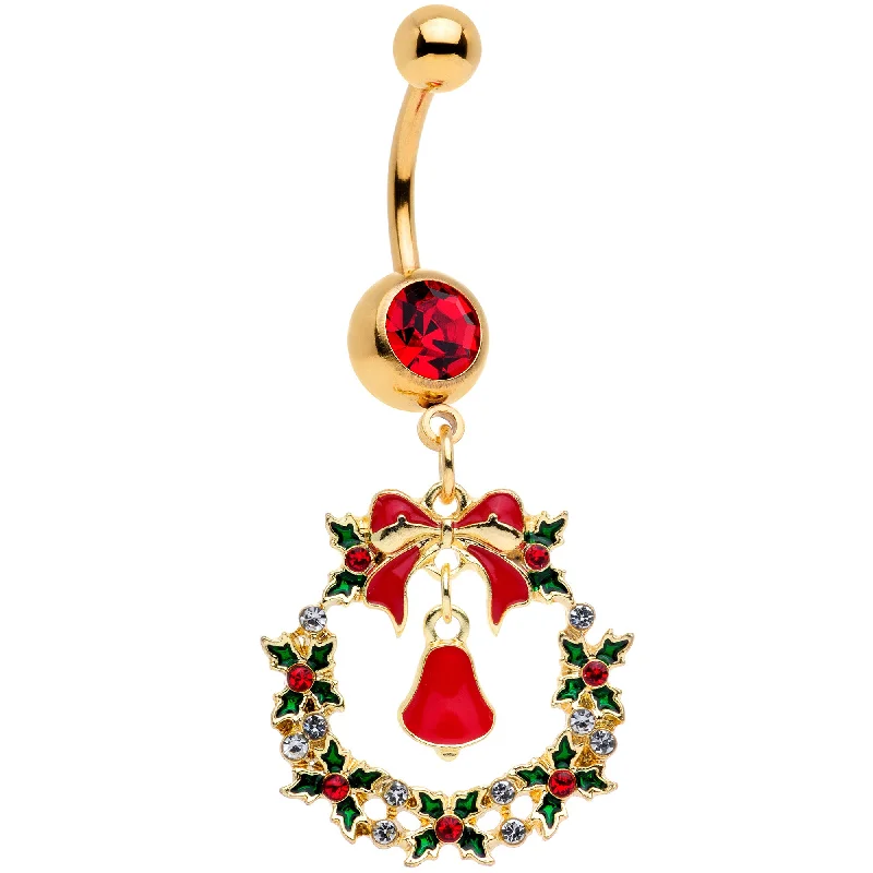 Comfortable Belly Rings for Trendy Fashion -Red Gem Gold Tone Holiday Bell Wreath Christmas Dangle Belly Ring Comfortable Belly Rings for Trendy Fashion -Red Gem Gold Tone Holiday Bell Wreath Christmas Dangle Belly Ring