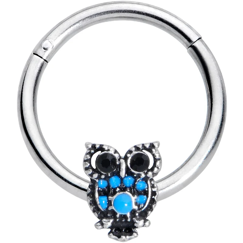 Non-Tarnish Nose Rings -16 Gauge 3/8 Black Gem Ornate Blue Owl Hinged Segment Ring