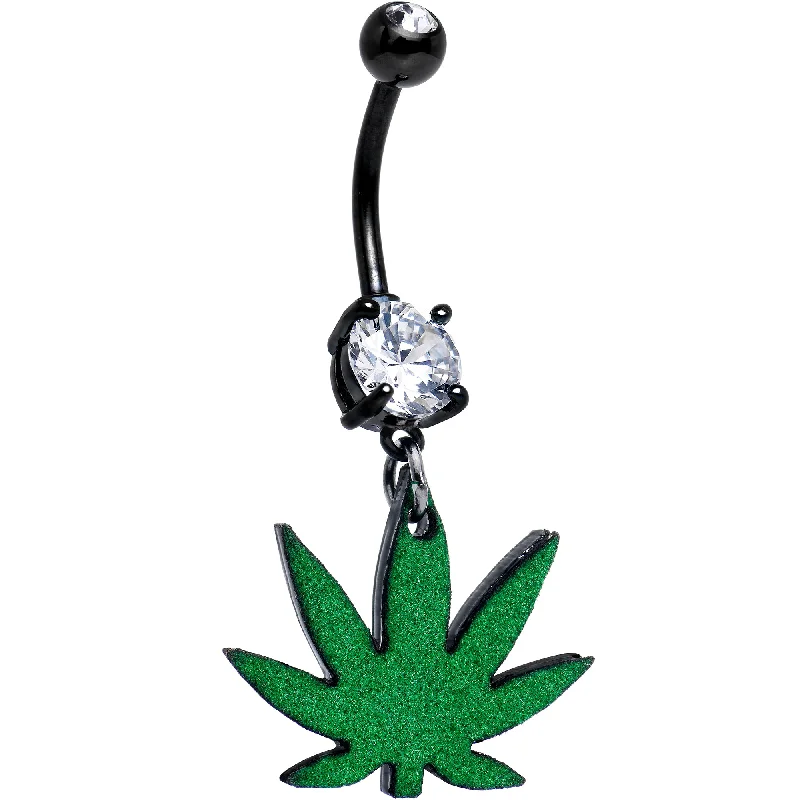 Unique Belly Rings with Elegant Features -Double Gem Green Marijuana Pot Leaf Black Dangle Belly Ring Unique Belly Rings with Elegant Features -Double Gem Green Marijuana Pot Leaf Black Dangle Belly Ring