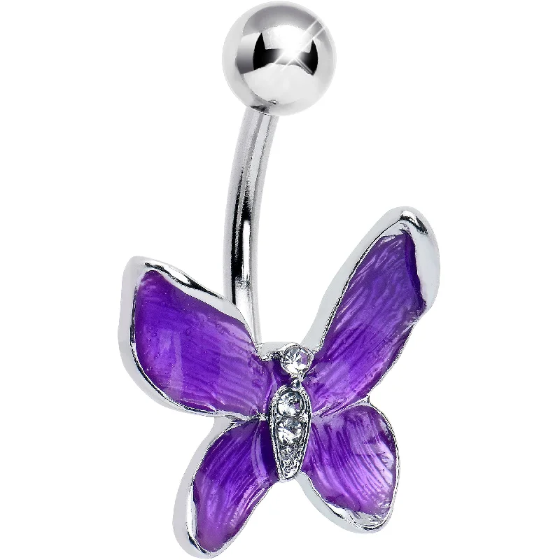 Belly Rings for Piercings -Clear Gem Chunky Butterfly Purple Belly Ring