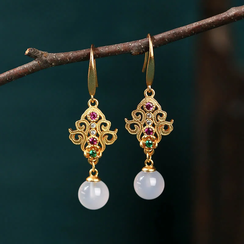Women's Earrings – Elegant Designs for Every Personality--Buddha Stones 24K Gold Plated Round Chalcedony Positive Dangle Drop Earrings