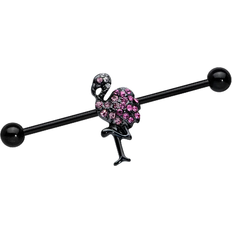 Women's Earrings – Elegant Designs for Every Personality--14 Gauge Pink Gem Black Fashion Flamingo Industrial Barbell 38mm