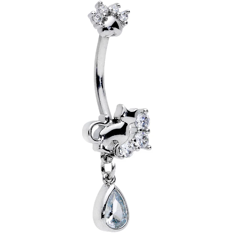 Trendy Belly Rings for Statement Fashion -Clear CZ Gem Paw Print Cat Dangle Belly Ring Trendy Belly Rings for Statement Fashion -Clear CZ Gem Paw Print Cat Dangle Belly Ring