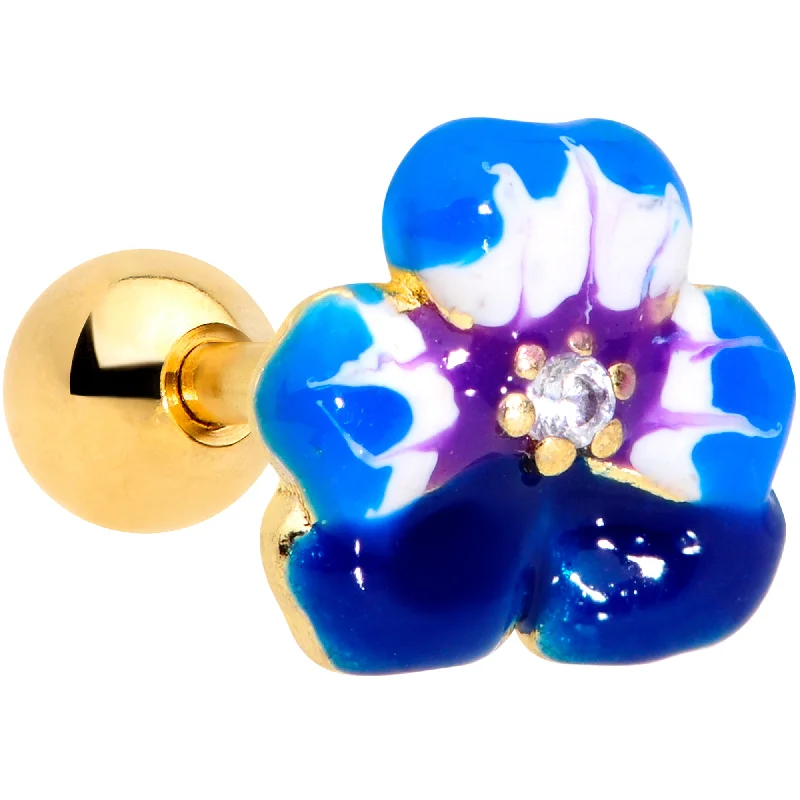 Women's Earrings – Elegant Designs for Every Personality--16 Gauge 1/4 Clear CZ Gem Gold Tone Blue Flower Cartilage Tragus