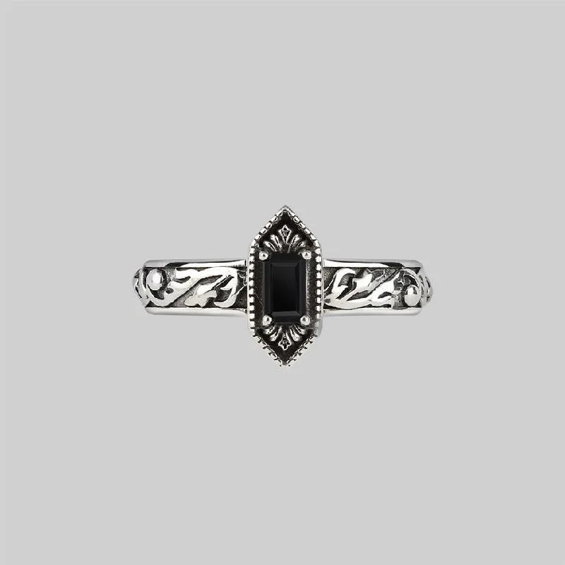 Chic Women's Rings for Fashion-Forward Looks-RENOUNCE. Ornate Gothic Onyx Ring - Silver Chic Women's Rings for Fashion-Forward Looks-RENOUNCE. Ornate Gothic Onyx Ring - Silver