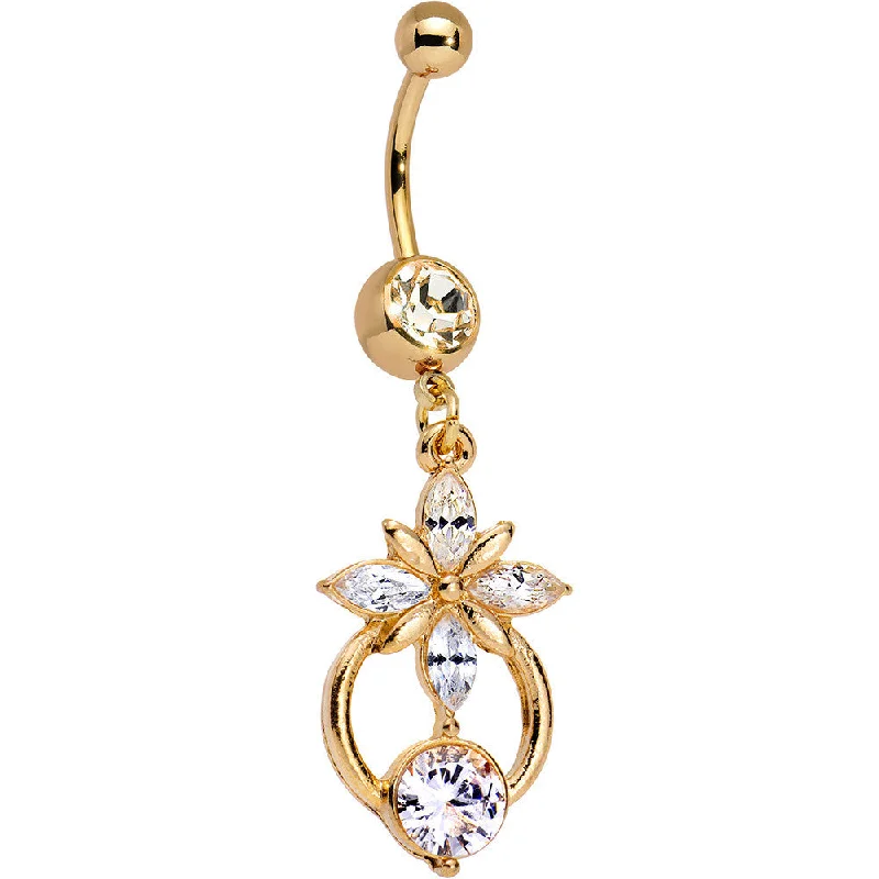 Trendy Belly Rings with Creative Accents -Clear Gem Gold Anodized Celestial Flower Power Dangle Belly Ring Trendy Belly Rings with Creative Accents -Clear Gem Gold Anodized Celestial Flower Power Dangle Belly Ring