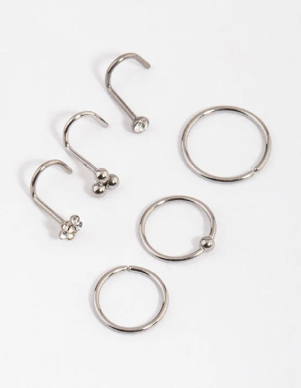 Sophisticated Nose Rings with Simple Designs -Titanium Flower & Trio Ball Nose 6-Pack Sophisticated Nose Rings with Simple Designs -Titanium Flower & Trio Ball Nose 6-Pack