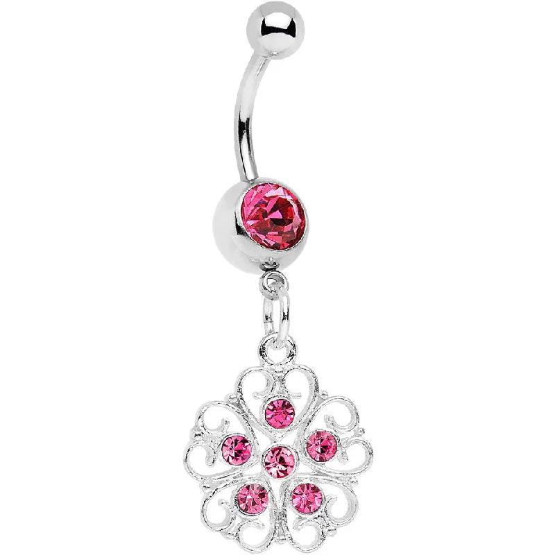 Designer Belly Rings with Sparkling Stones -Pink Gem Flower Heart Dangle Belly Ring