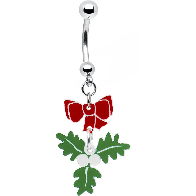 Belly Rings for Bold Fashion Statements -Red Bow Mistletoe Belly Ring