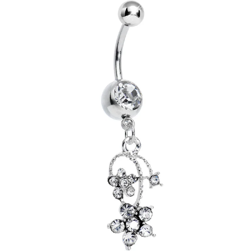 Custom Belly Rings for Exclusive Appeal -Clear Gem Tri Flower Strand Dangle Belly Ring Custom Belly Rings for Exclusive Appeal -Clear Gem Tri Flower Strand Dangle Belly Ring