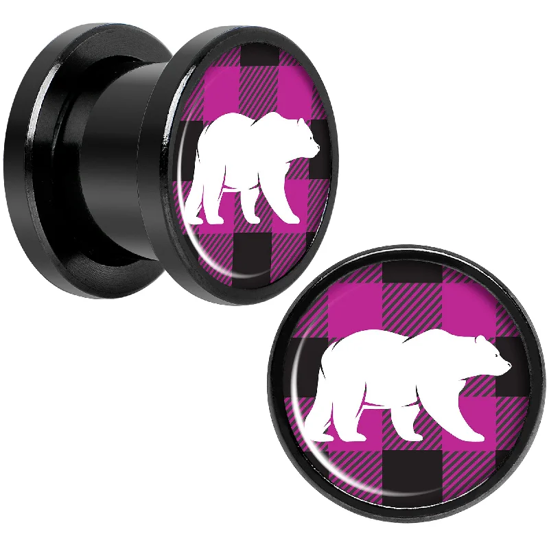 Women's Earrings – Elegant Designs for Every Personality--Pink Black Plaid Polar Bear Black Screw Fit Plug Set Sizes 5mm to 20mm