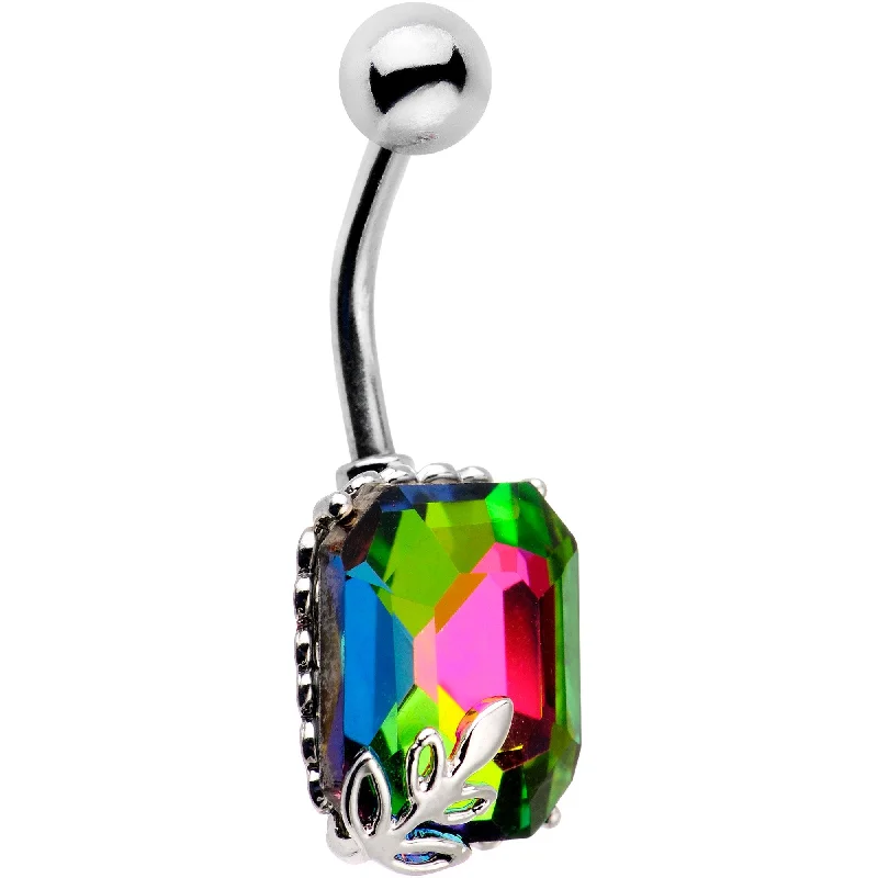 Elegant Belly Rings for Special Occasions -Rainbow Gem Leaf Frame Belly Ring